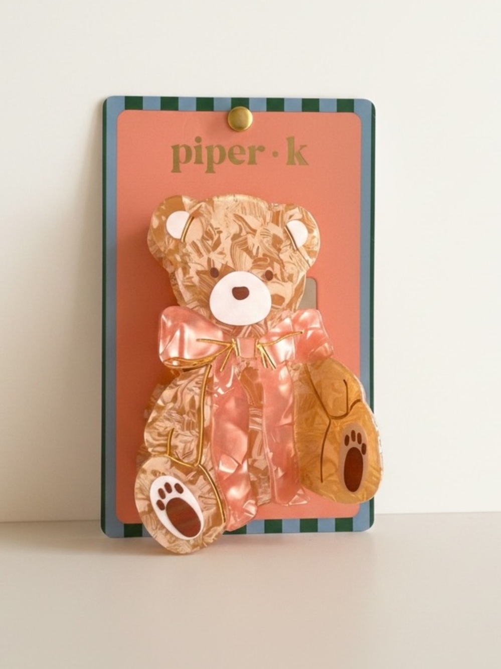 Piper K TikTok Viral Large Teddy Bear With Pink Bow Brown Claw Hair Clip